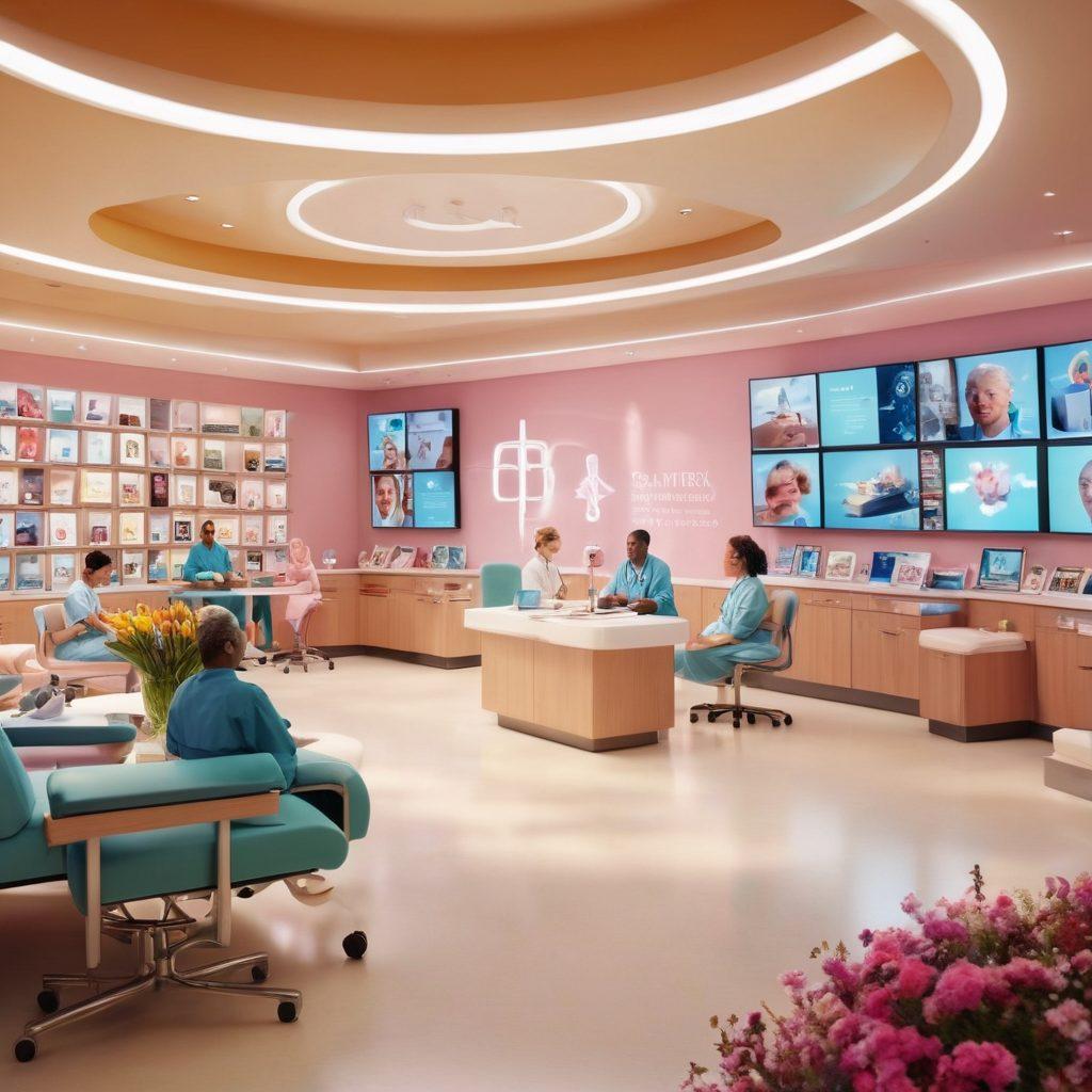 A detailed scene showcasing a diverse group of healthcare professionals engaging with patients in a modern oncology care facility, surrounded by educational resources like books and digital screens displaying cancer awareness information. Include symbols of hope like a ribbon and a blooming flower. Bright, uplifting colors to convey empowerment and knowledge. super-realistic. vibrant colors. cozy atmosphere.