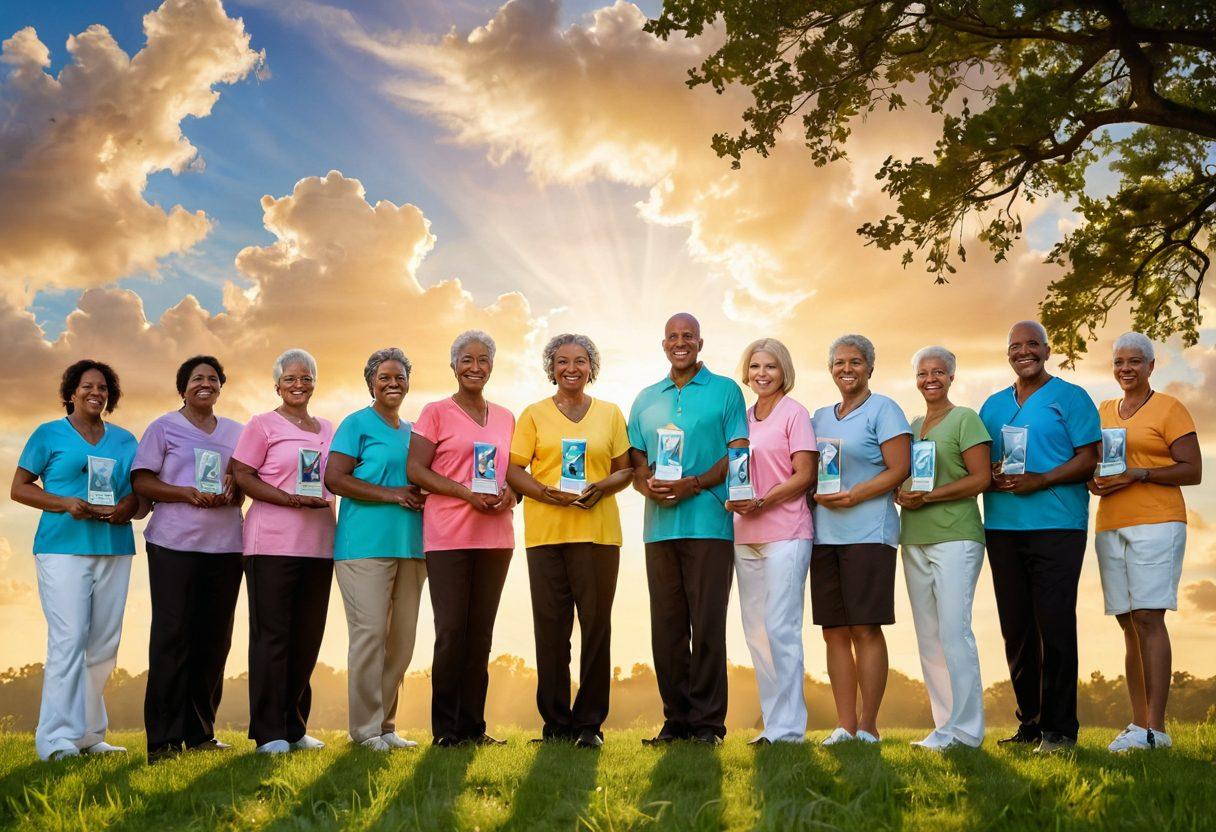 A radiant sunrise symbolizing hope, with a diverse group of cancer survivors standing confidently together, showcasing diverse backgrounds and ages. Each person is holding a symbol of strength, like a ribbon or a trophy, amidst lush green nature. The backdrop includes soft clouds and sun rays breaking through, representing transformation and triumph over adversity. uplifting and inspirational atmosphere. vibrant colors. super-realistic.
