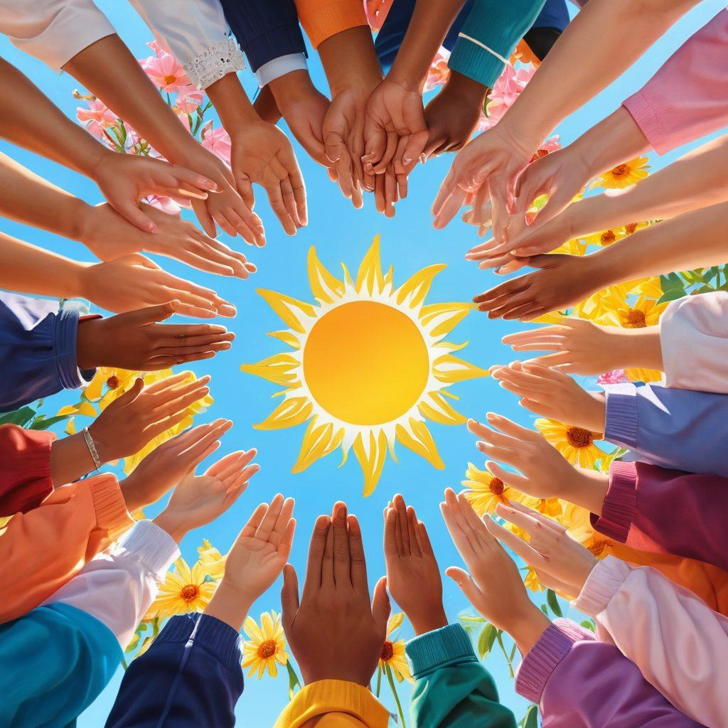 A serene healthcare setting, featuring diverse individuals of various ages and backgrounds gathered in a supportive circle, sharing stories and laughter. Surrounding them are symbols of hope, such as a bright sun, blooming flowers, and supportive books. The atmosphere radiates warmth and empowerment, reflecting the strength of community support in navigating cancer care. The color palette should be soft yet uplifting, conveying a sense of hope and solidarity. super-realistic. vibrant colors. soft focus.